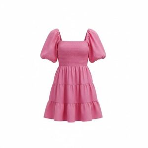 Entro Womens Pink‎ Puff Sleeve Tiered Mini Dress M Pink Smocked Bodice Coquette